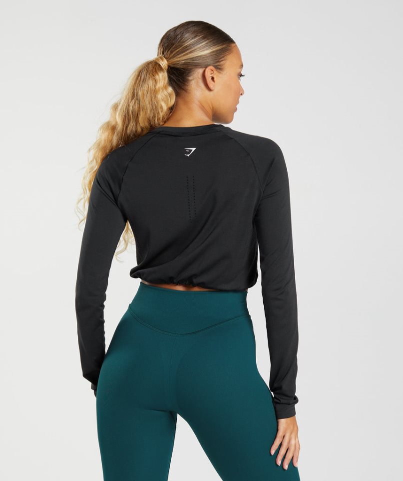 Women's Gymshark Sweat Seamless Long Sleeve Cropped Tops Black | CA NDA186